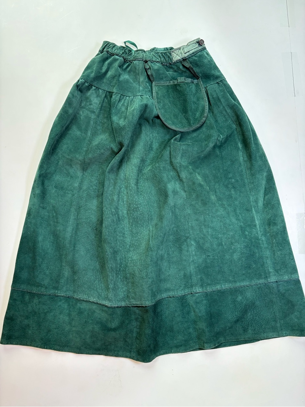 Outback Red Vintage Green Suede Leather Maxi Skirt with Pocket Accent